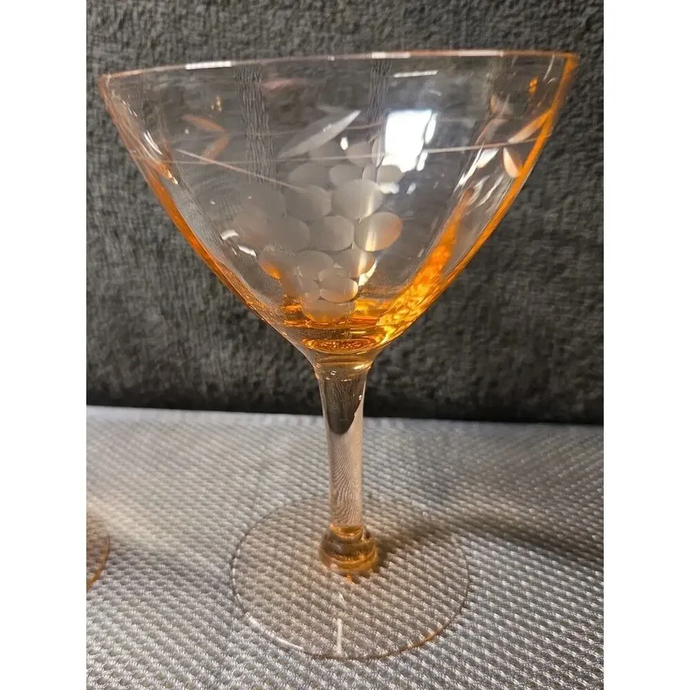 Set Of 2 vintage pink martini glasses delicate etched grape motifs 5